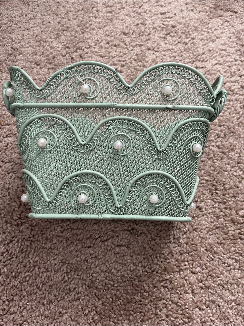 Decorative Mint Green Metal Basket with Pearl Accents